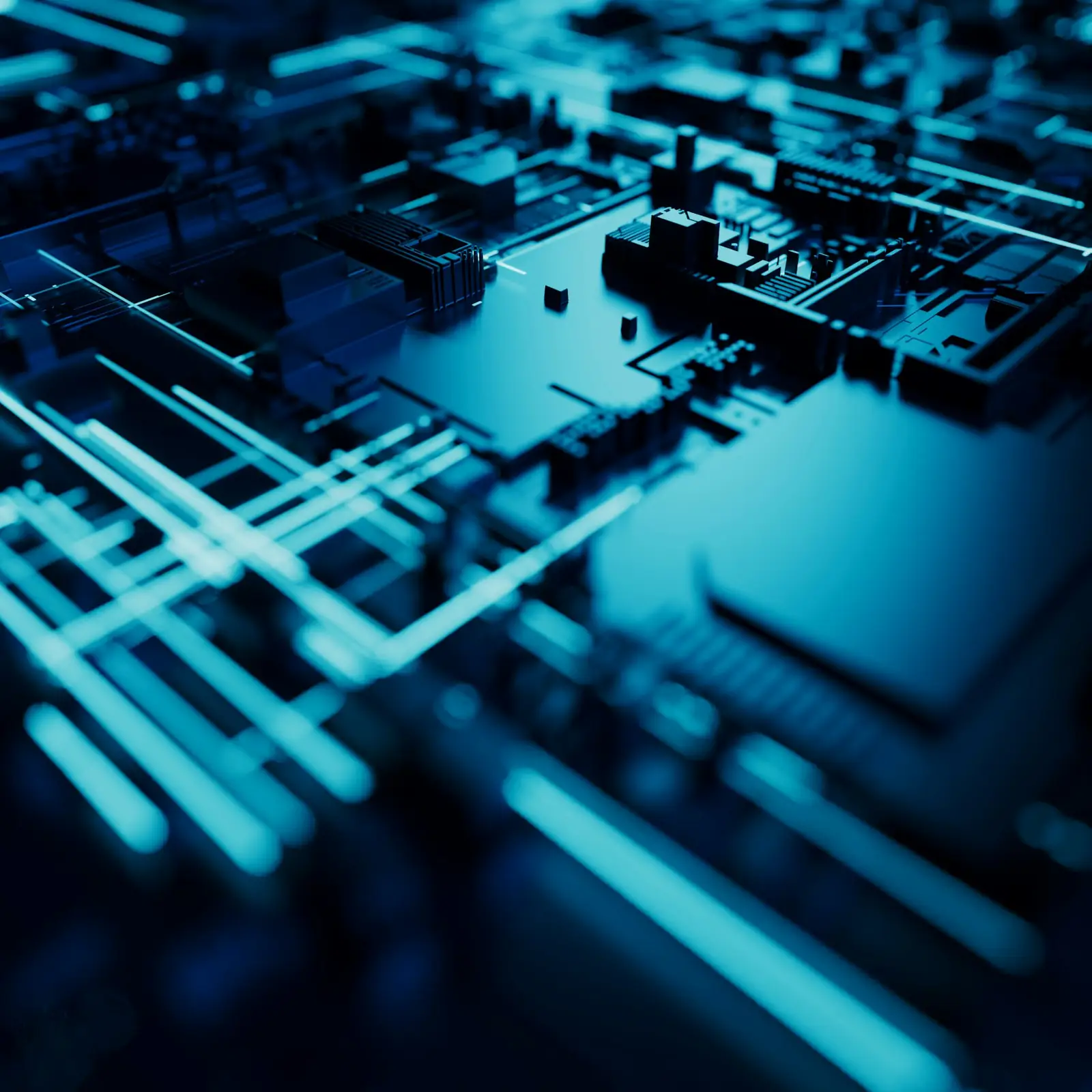 Close-up of illuminated circuit board hardware representing YOOL SMART's technology infrastructure