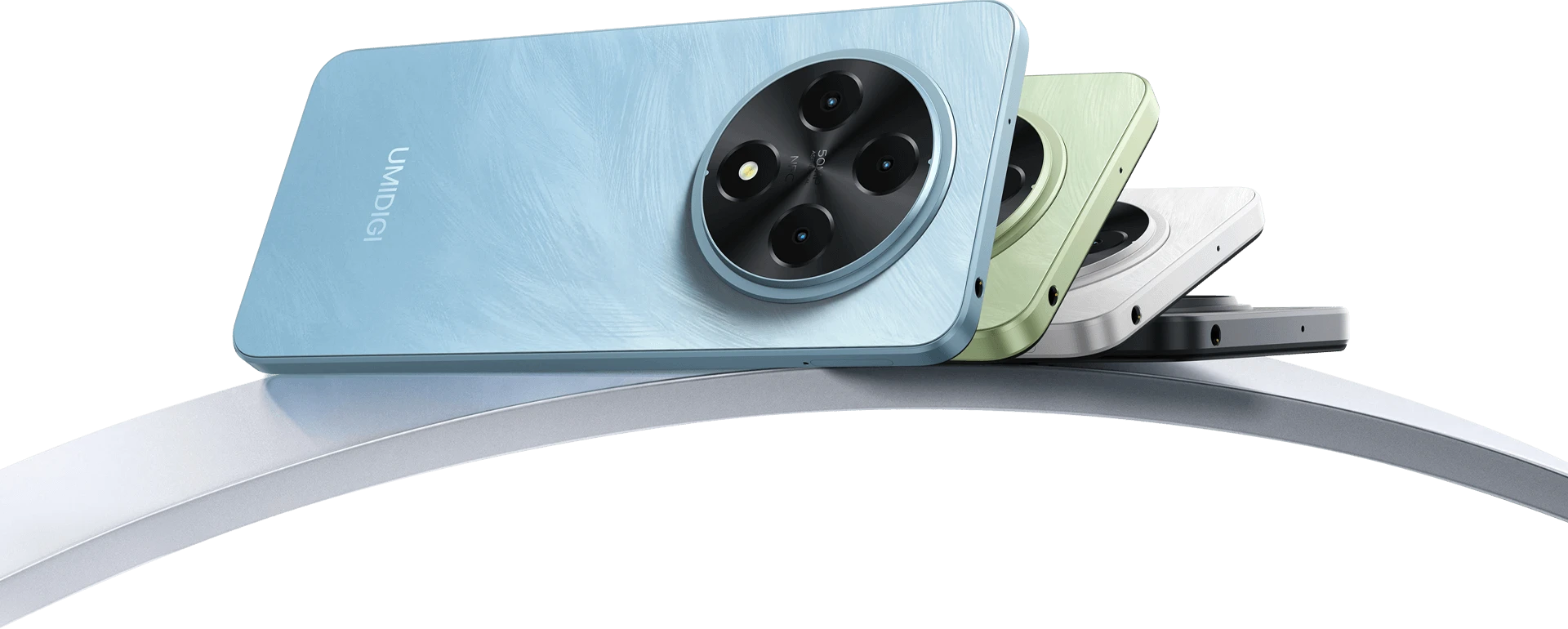 UMIDIGI G100 smartphones in Interstellar Blue, Lake Green and Starry White showing the rear camera module