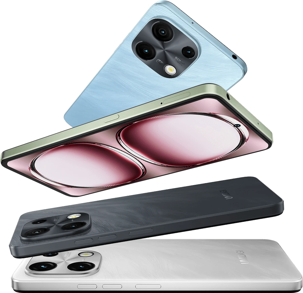 UMIDIGI Note 100 5G smartphones in multiple colors showing front display and rear camera design